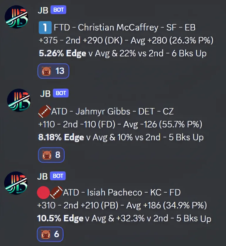 JediBets Discord betting alerts showing real-time notifications for NFL, NBA, and MLB player props value bets